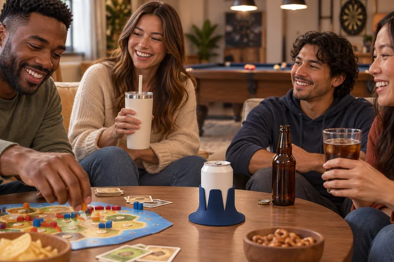 Friends in multipurpose game room soda at separate lounge table with boardgame and pool table behind. AI lifestyle illustration.