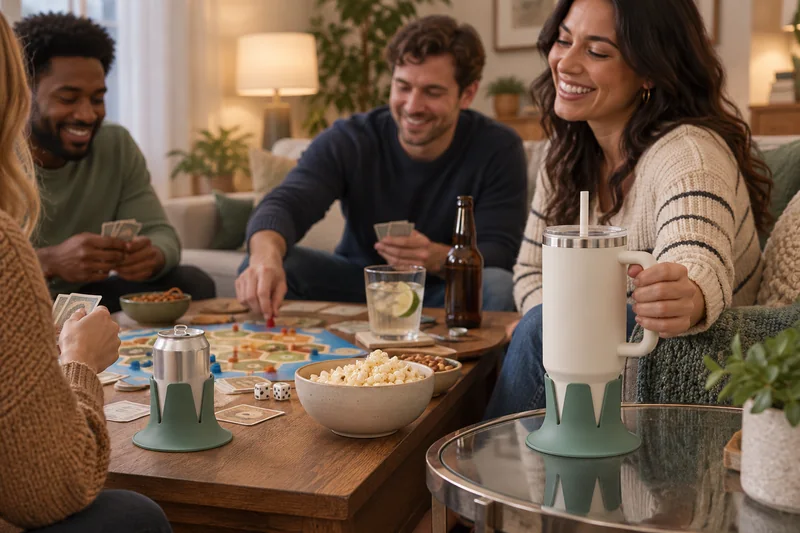 Family board game night adult straw tumbler at clear side table outside active game layout. AI lifestyle illustration.