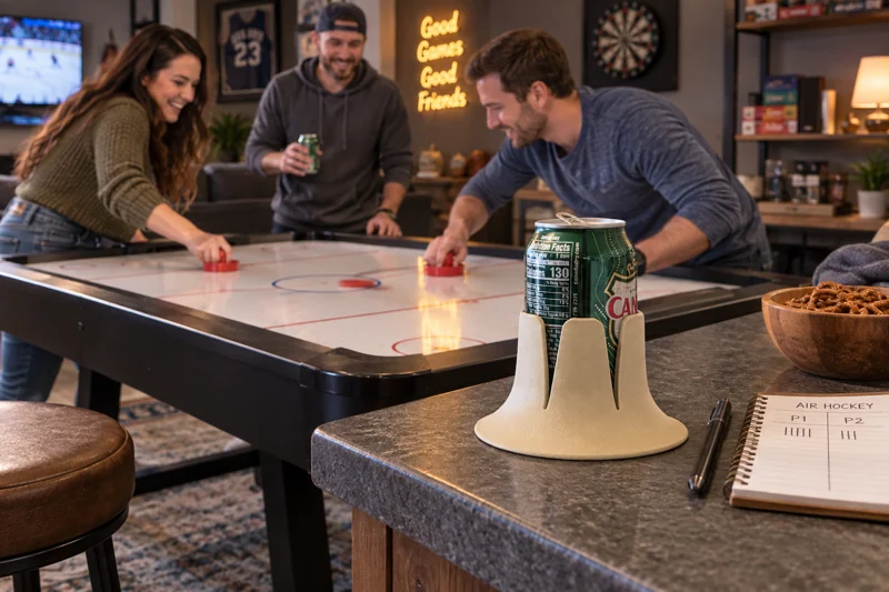 Friends playing tabletop air hockey during adult game-room evening with opened soda can in Steadi on wide level game-room side counter outside play and paddle paths. AI illustration.